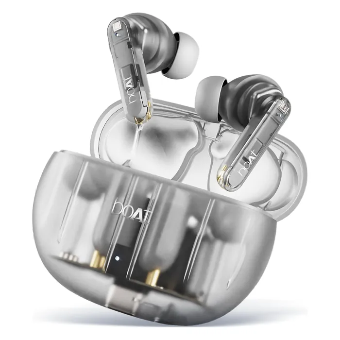 boAt Airdopes 191 ANC true wireless earbuds in Pellucid White, earbuds with the open charging case