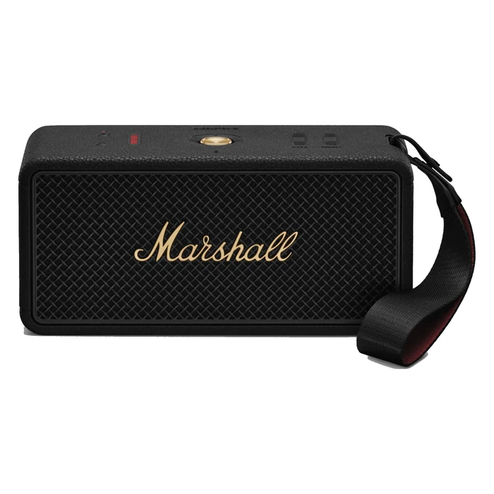 Marshall Middleton II portable Bluetooth speaker in Black and Brass, front view with the carry strap