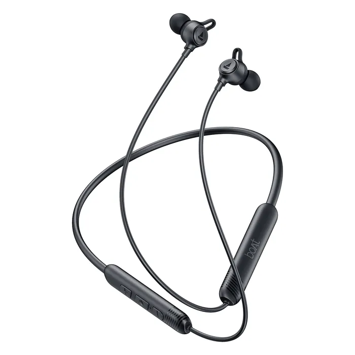 boAt Rockerz Strive wireless neckband earphones in Onyx Black, full neckband with the earbuds and the controls on the band