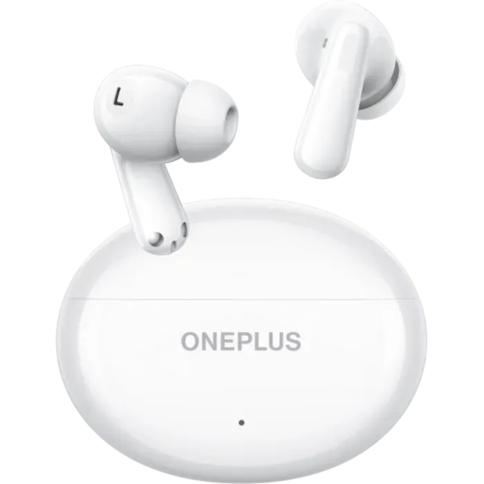 OnePlus Nord Buds 3 true wireless noise cancelling earbuds in Melodic White, earbuds above the closed charging case