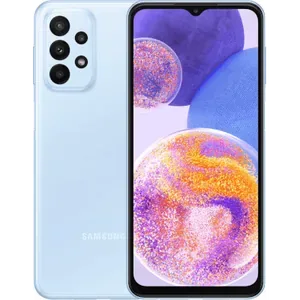 Samsung Galaxy A23 4G in Light Blue, back view and front screen