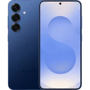 Samsung Galaxy S25 in Navy, back and front views side by side, showing the triple camera and the 6.2-inch screen