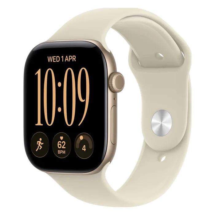 Apple Watch Series 12 46mm in Light Gold Aluminium with the Sand Sport Band, three-quarter view with the watch face on