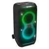 JBL PartyBox Stage 320 portable Bluetooth party speaker in Black, angled front view with the lightshow on