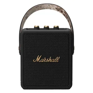Marshall Stockwell II portable Bluetooth speaker in Black and Brass, front view with the carry strap
