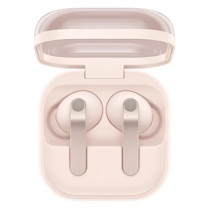 Samsung Galaxy Buds 4 Pro noise cancelling earbuds in Pink Gold, earbuds in the open charging case
