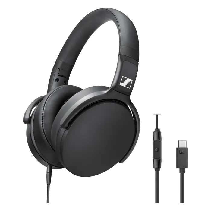 Sennheiser HD 400U USB-C wired over-ear headphones in Black, angled view with the USB-C cable and remote