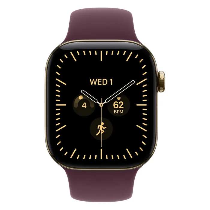 Apple Watch Series 12 42mm in Radiant Gold Titanium with the Burgundy Sport Band, front view with the watch face on
