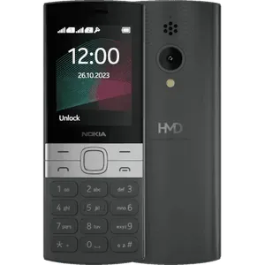 Nokia 150 in Black, front view with the 2.4-inch screen and keypad, next to the back with the camera, flash and HMD logo
