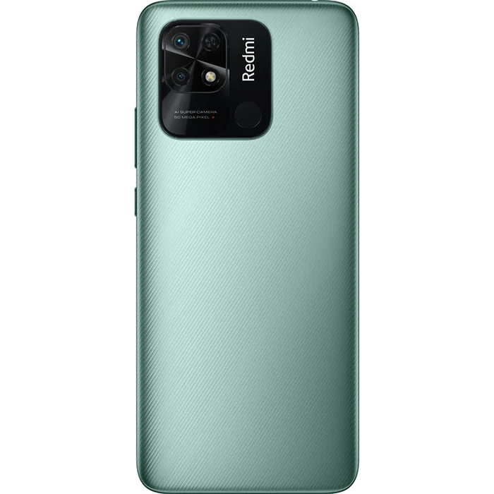 Xiaomi Redmi 10 4G in Caribbean Green, back view with the dual camera and fingerprint sensor