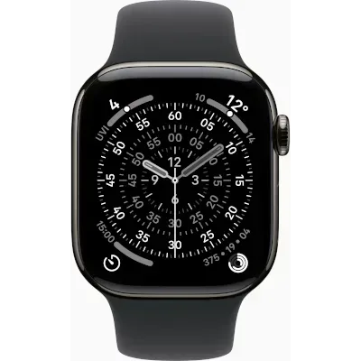 Apple Watch Series 11 46mm in Slate Titanium with the Black Sport Band, front view with the watch face on