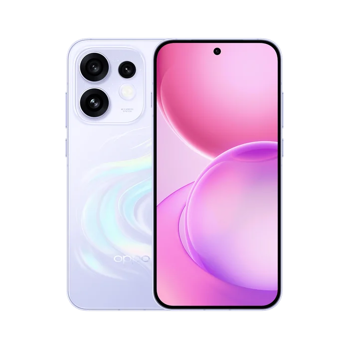 OPPO Reno16 5G in Stellar Purple, back and front views