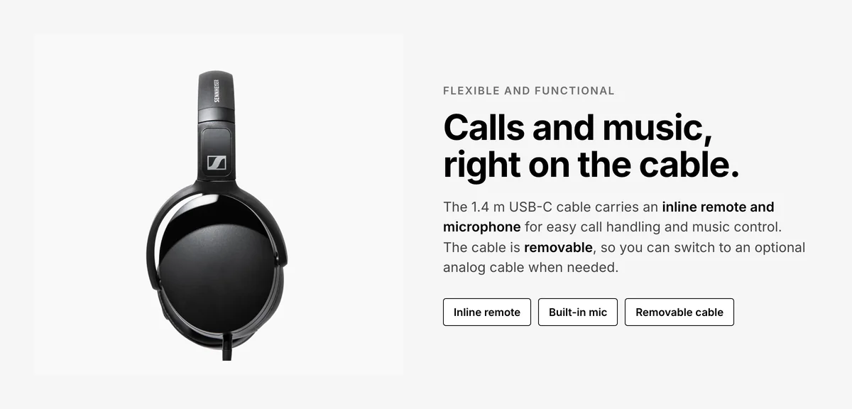 Sennheiser HD 400U with 1.4 m removable USB-C cable, inline remote and microphone for calls and music