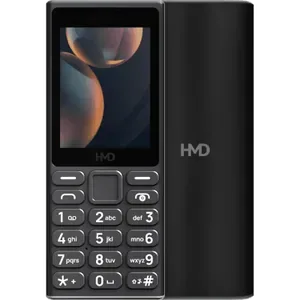 HMD 105 4G in Black, front view with the 2.4-inch screen and keypad, next to the back with the HMD logo