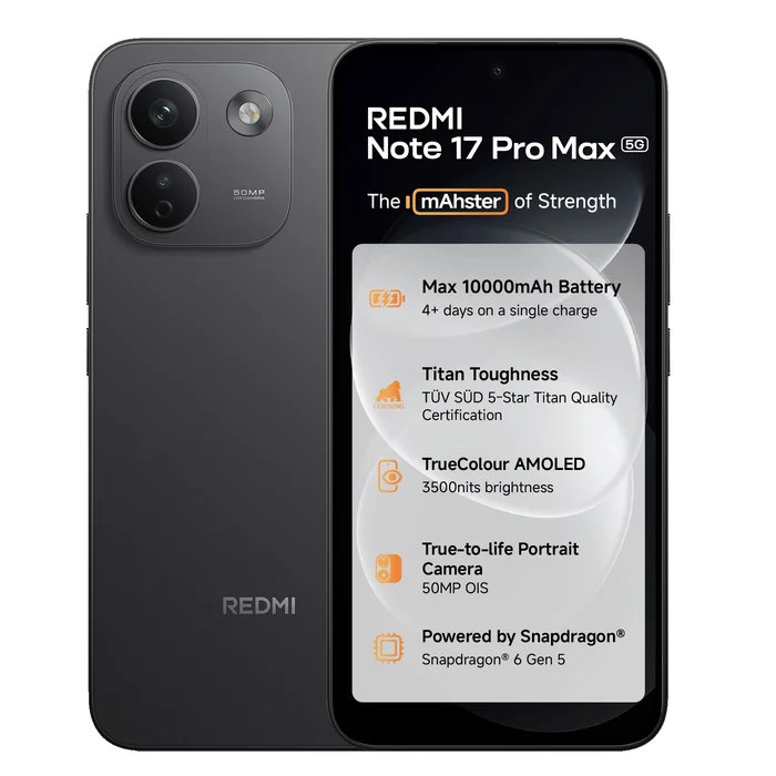 Redmi Note 17 Pro Max 5G in Stealth Black, front and back views