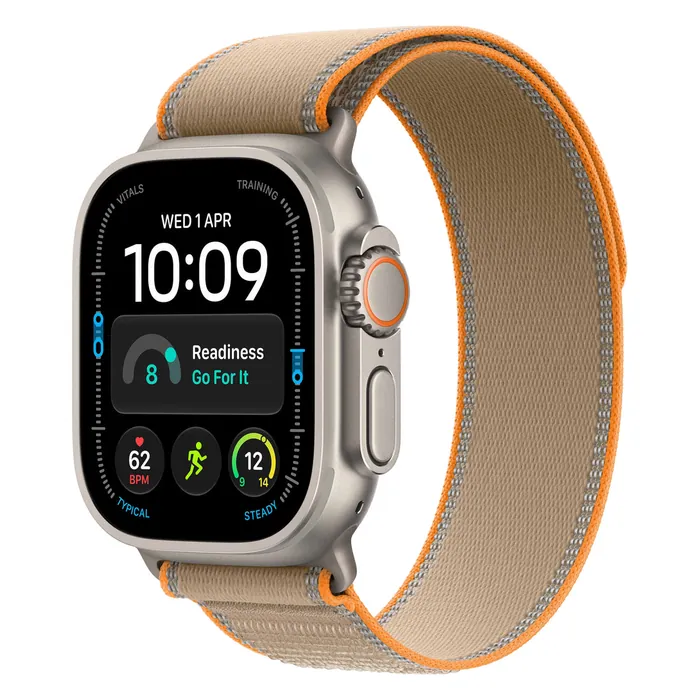 Apple Watch Ultra 4 in Natural Titanium with the Sand Trail Loop, three-quarter view with the watch face on