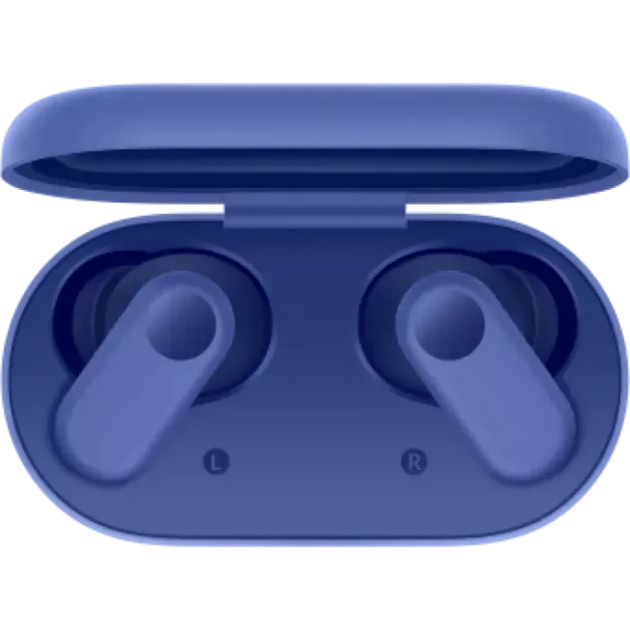 OnePlus Nord Buds 2r true wireless bluetooth earbuds with mic in Triple Blue, open charging case with both earbuds, top view