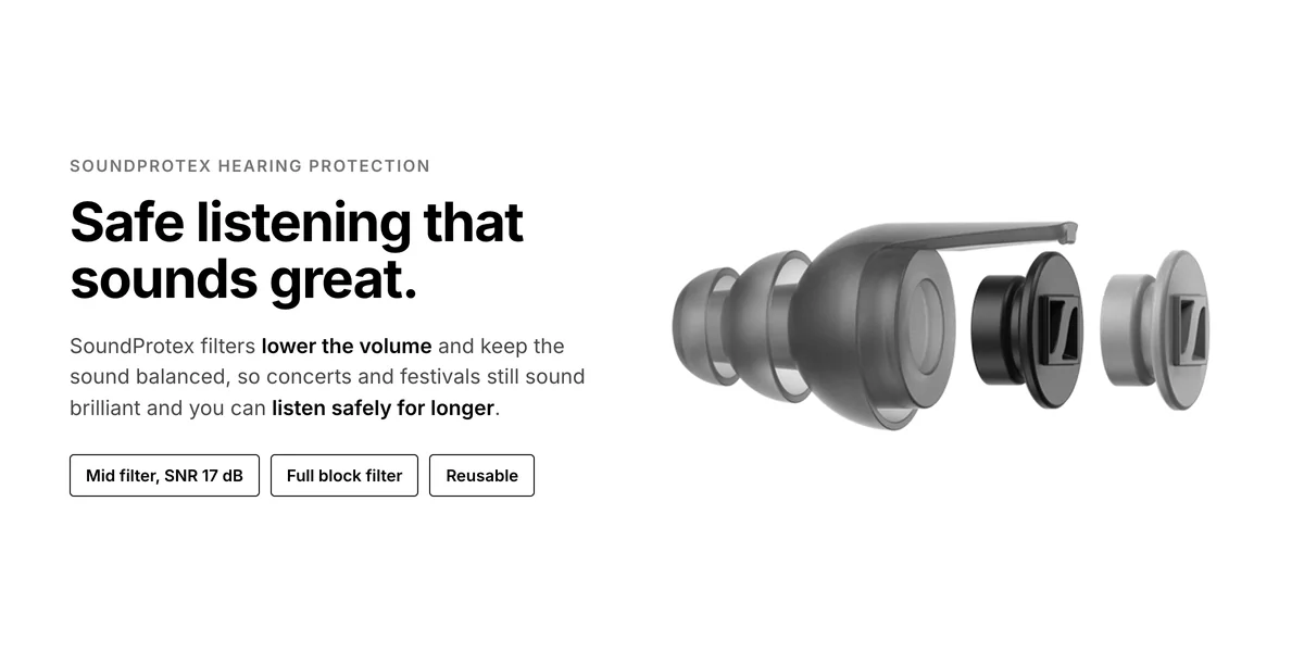 Sennheiser SoundProtex earplug with its Mid and full block filters, Mid filter SNR 17 dB, reusable hearing protection