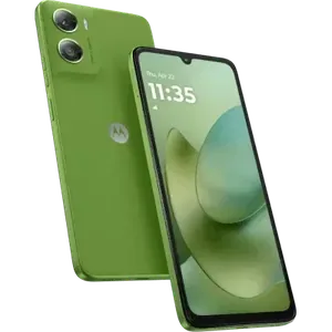 Moto G06 Power in Pantone Tendril, angled back and front views