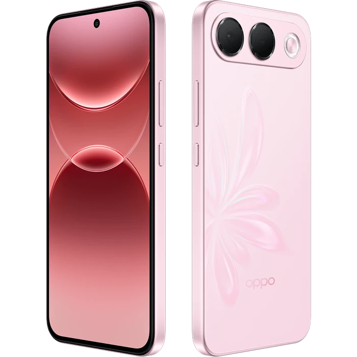 OPPO F35 5G in Mist Pink, angled front and back views