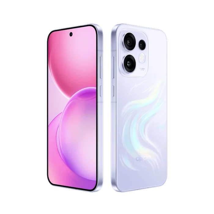 OPPO Reno16 5G in Stellar Purple, angled front and back views