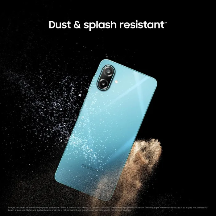 Samsung Galaxy M17e 5G in Blitz Blue, back view, IP54 dust and splash resistance