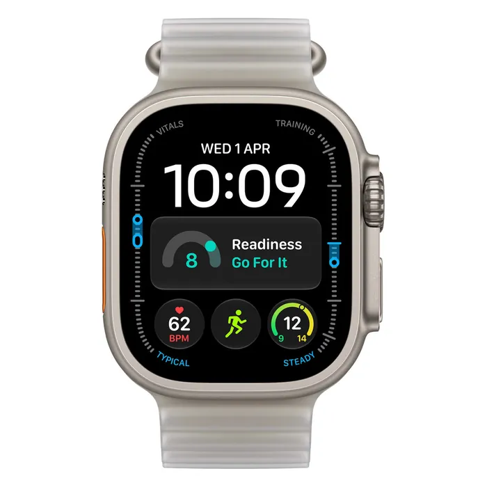 Apple Watch Ultra 4 in Natural Titanium with the Translucent Grey Ocean Band, front view with the watch face on