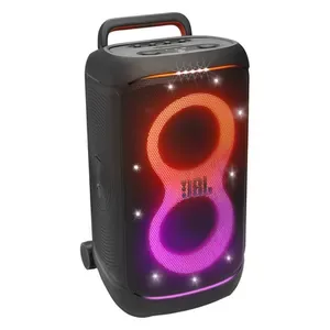 JBL PartyBox 520 portable Bluetooth party speaker in Black, angled front view with the lightshow on