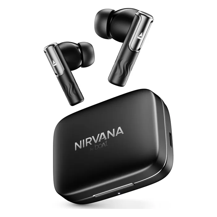 boAt Nirvana Ivy true wireless earbuds in Gunmetal Black, earbuds and charging case