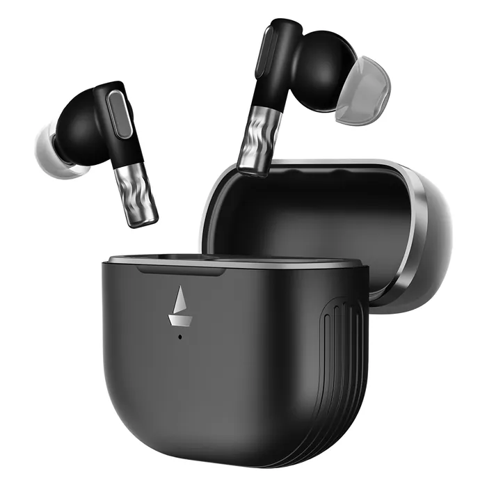 boAt Nirvana Zenith true wireless earbuds in Mystique Black, earbuds above the open charging case