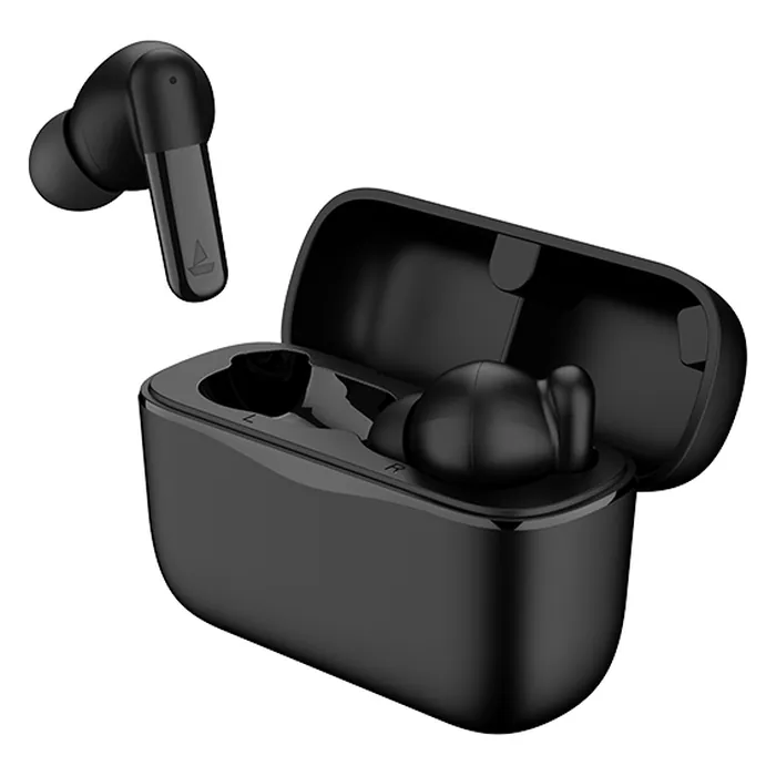 boAt Airdopes 172 true wireless earbuds in Black, earbuds beside the open charging case