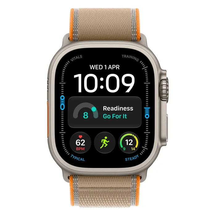 Apple Watch Ultra 4 in Natural Titanium with the Sand Trail Loop, front view with the watch face on