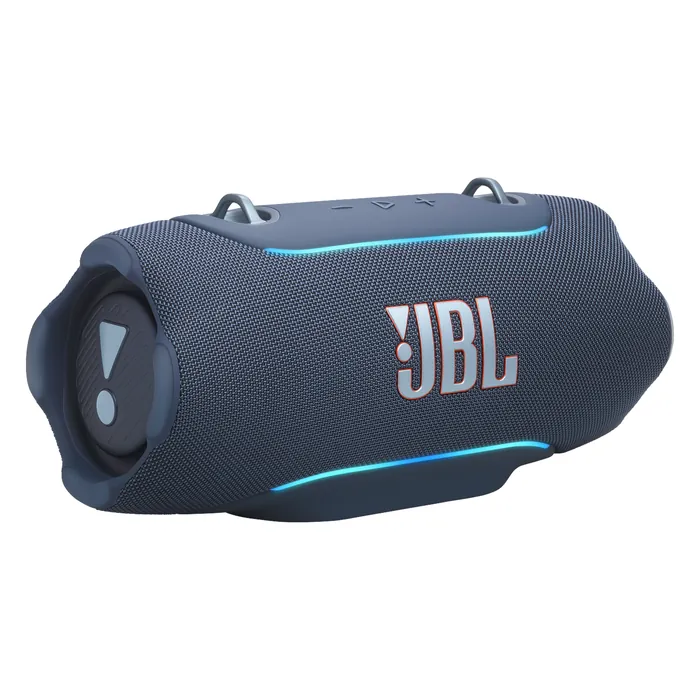 JBL Xtreme 5 portable Bluetooth speaker in Blue, angled front view with the edge lighting on