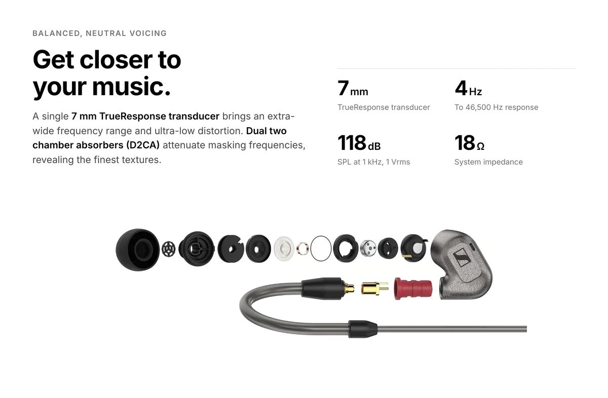 Sennheiser IE 600 exploded view, 7 mm TrueResponse transducer and D2CA, 4 Hz to 46,500 Hz, 118 dB SPL, 18 ohm