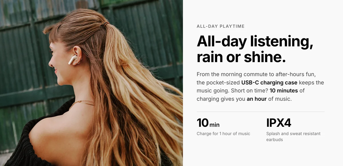 Sennheiser Accentum Open USB-C charging case, 10 minute charge for 1 hour of music, IPX4 earbuds