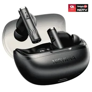 boAt Nirvana Zenith Pro true wireless earbuds in Velvet Grey, earbuds beside the charging case