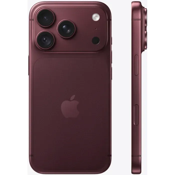 Apple iPhone 18 Pro in Burgundy, back view next to the side profile with the buttons