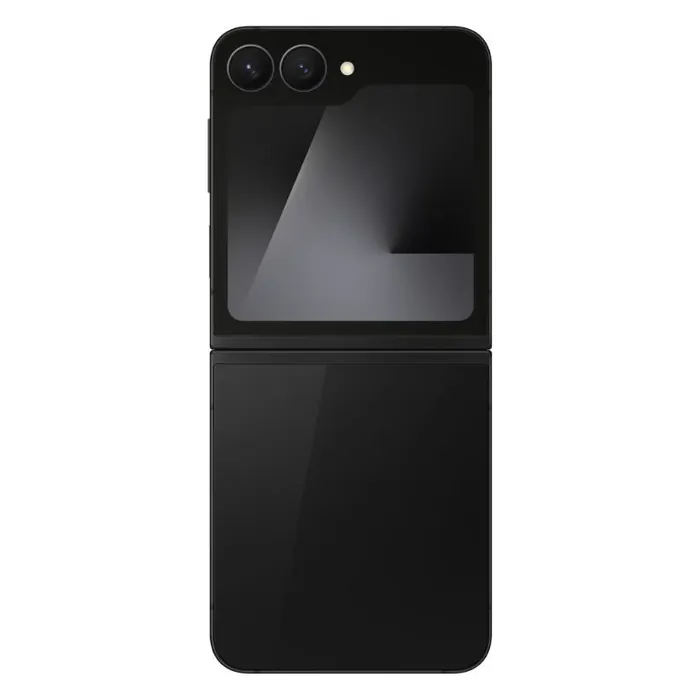 Samsung Galaxy Z Flip 7 FE in Black, open rear view with the cover screen and cameras