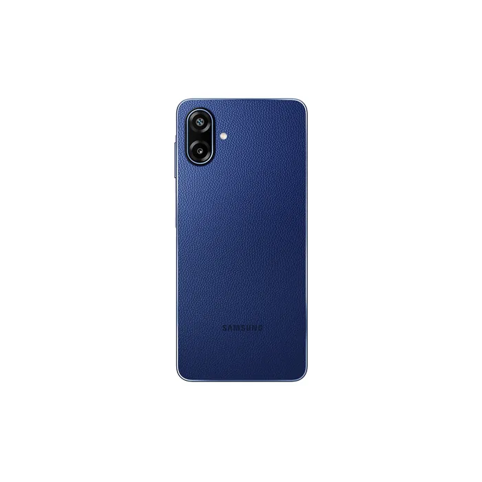 Samsung Galaxy F70e 5G in Spotlight Blue, back view with the dual camera and leather finish
