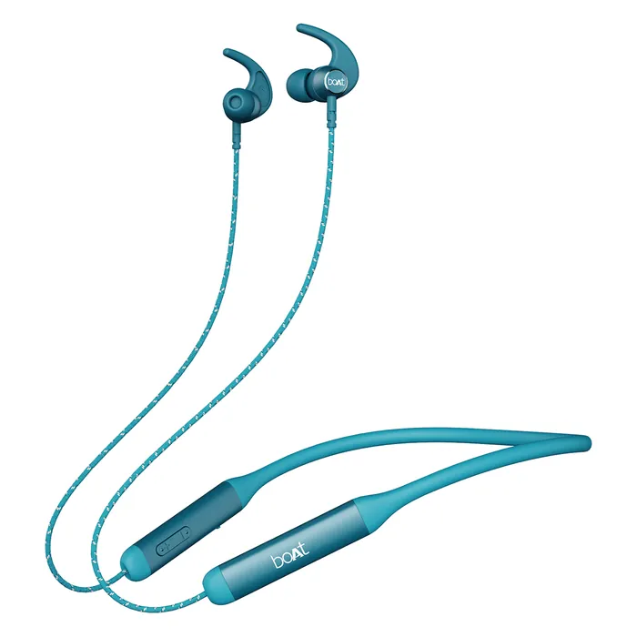 boAt Rockerz 333 wireless neckband earphones in Teal Green, full neckband with the earbuds and the controls on the band