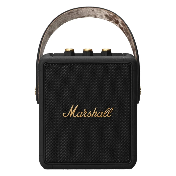 Marshall Stockwell II portable Bluetooth speaker in Black and Brass, front view with the carry strap