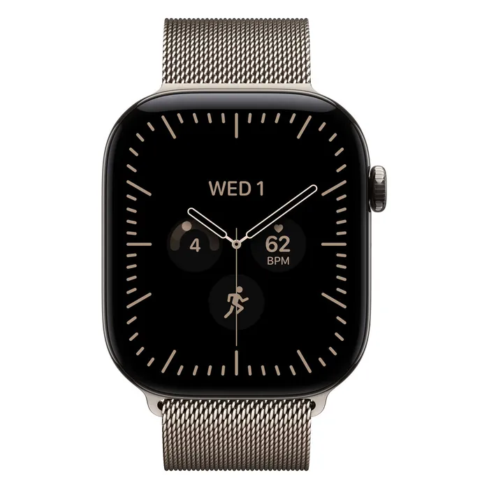 Apple Watch Series 12 46mm in Natural Titanium with the Natural Milanese Loop, front view with the watch face on