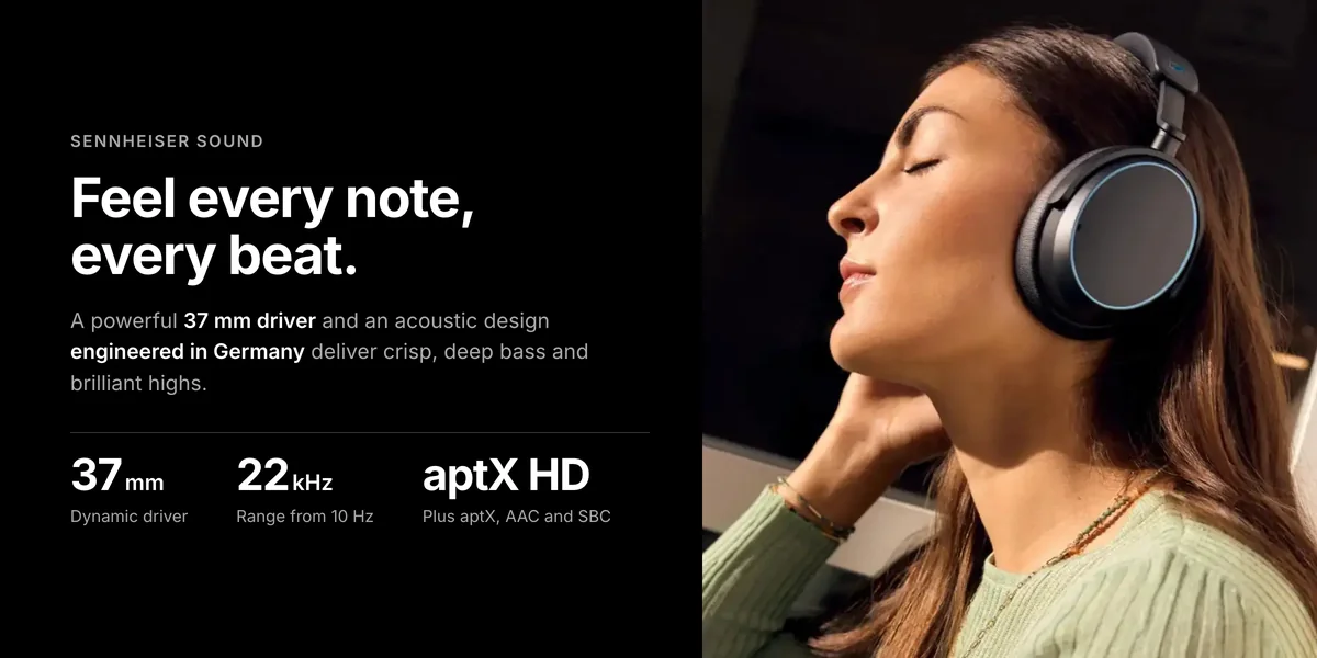 Sennheiser Accentum Wireless 37 mm driver, 10 Hz to 22 kHz, aptX HD, aptX, AAC and SBC