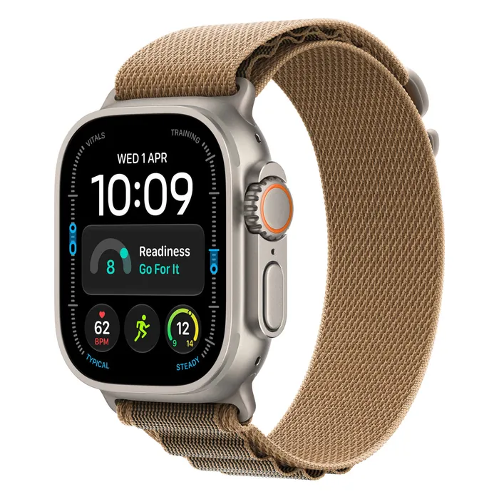 Apple Watch Ultra 4 in Natural Titanium with the Desert Alpine Loop, three-quarter view with the watch face on