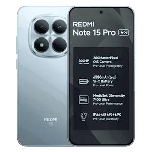 Xiaomi Redmi Note 15 Pro 5G in Mirage Blue, back and front views, with the screen listing the 200MP camera, 6580mAh battery and Dimensity 7400-Ultra