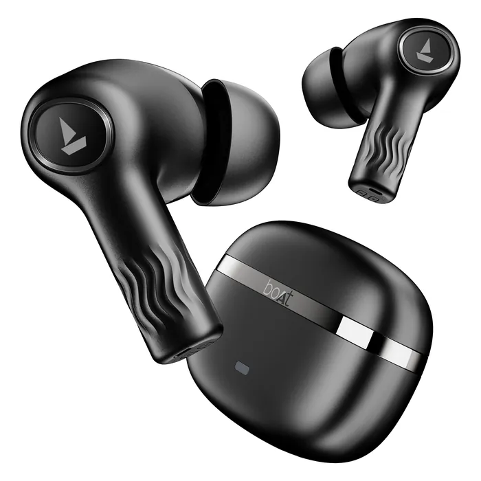 boAt Nirvana Ion true wireless earbuds in Charcoal Black, earbuds beside the charging case