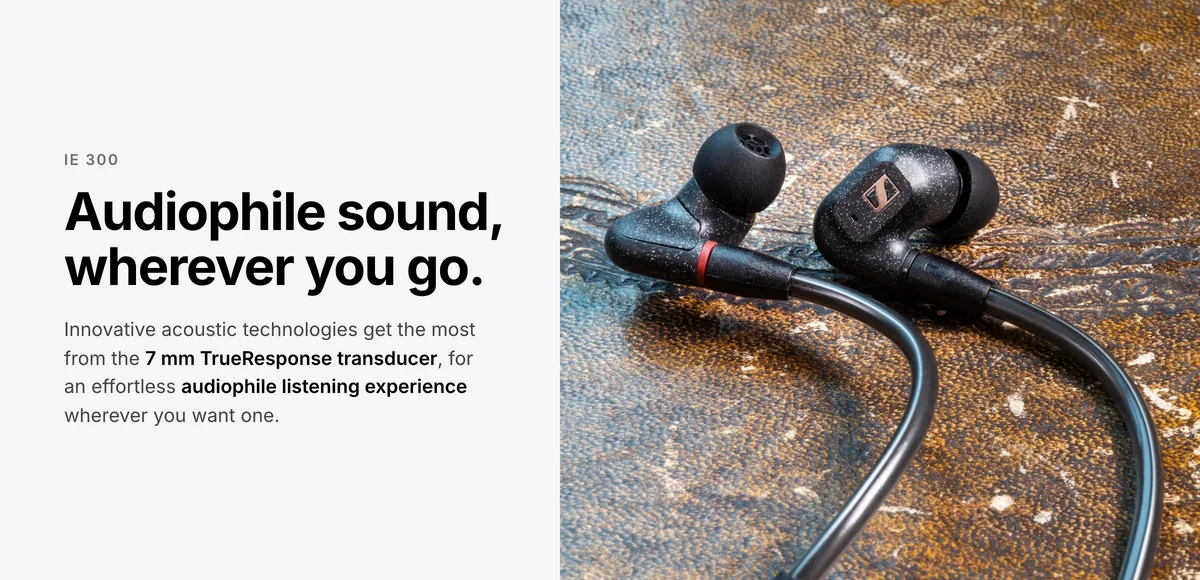 Sennheiser IE 300 in-ear monitors on a stone surface, audiophile sound wherever you go