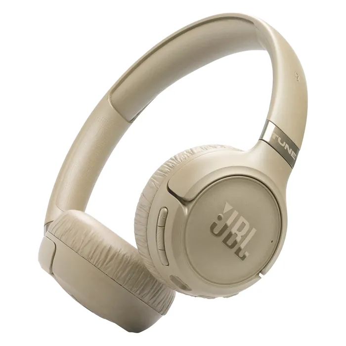 JBL Tune 680NC wireless on-ear noise cancelling headphones in Beige, angled view of the headphones