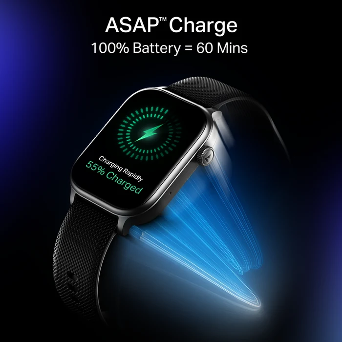 boAt Storm Infinity Plus in Active Black, ASAP Charge feature graphic, full charge in 60 minutes