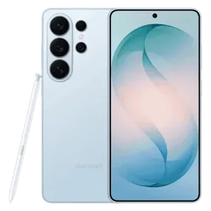 Samsung Galaxy S26 Ultra in Sky Blue, front and back views with the S Pen